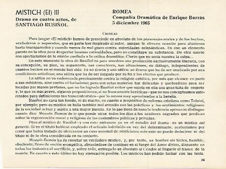 LAMINA 2948: Criticas de El Mistich de Santiago Rusiñol. Romea 5 diciembre 1903