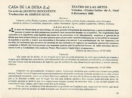 LAMINA 2949: Reparto argumento y criticas de La Casa de la Ditxa. Teatro de las Artes 9 diciembre 1903