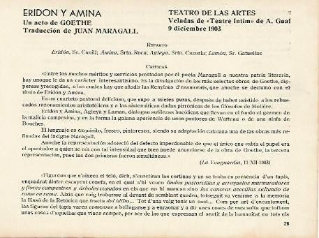 LAMINA 2951:  Reparto y criticas de Eridon y Amina de Goethe. Teatro de las Artes 9 diciembre 1903