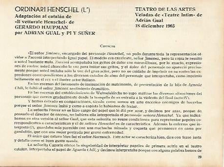 LAMINA 2953: Criticas de L Ordinari Henschel. Teatro de las Artes 18 diciembre 1903