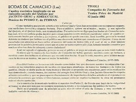 LAMINA 2970: Criticas de Las Bodas de Camacho. Tivoli 12 junio 1903