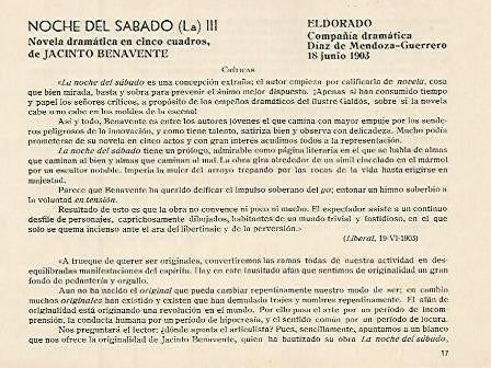 LAMINA 2974: Criticas de La Noche del Sabado de Jacinto Benavente. El Dorado 18 junio 1903