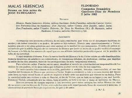 LAMINA 2978: Reparto y argumento de Malas Herencias. El Dorado 2 julio 1903