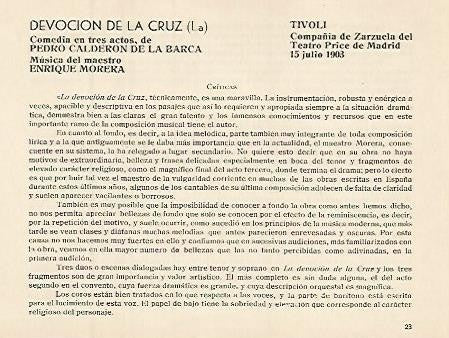 LAMINA 2980: Criticas de La Devocion de la Cruz. Tivoli 15 julio de 1903