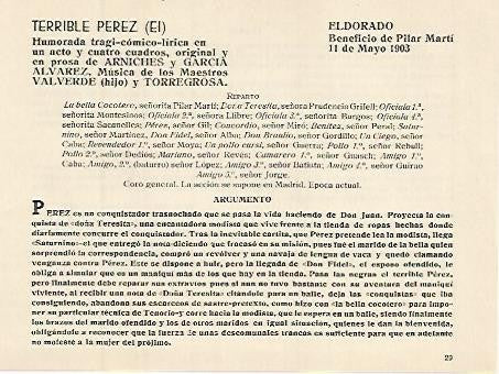 LAMINA 2986: Reparto y argumento de El Terrible Perez. El Dorado 11 mayo 1903