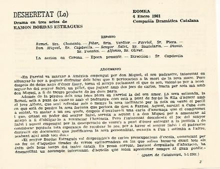 LAMINA 2992: Reparto y argumento de Lo Desheretat romea 4 enero 1901