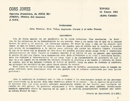 LAMINA 2997: Reparto argumento y criticas de Cors Joves. Tivoli 14 enero 1901