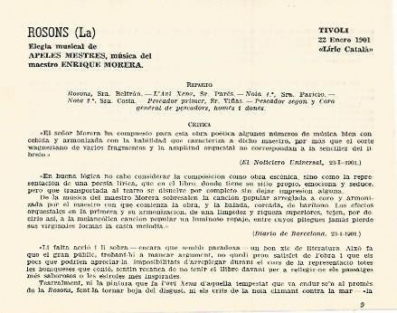 LAMINA 2999: Reparto y critica de La Rosons. Tivoli 22 enero 1901