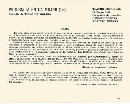 LAMINA 3001: Critica de La Prudencia en la Mujer de Tirso de Molina. Principal 25 enero 1901