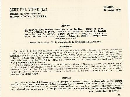 LAMINA 3002: Reparto argumento y criticas de La Gent del Vidre. Romea 25 enero 1901