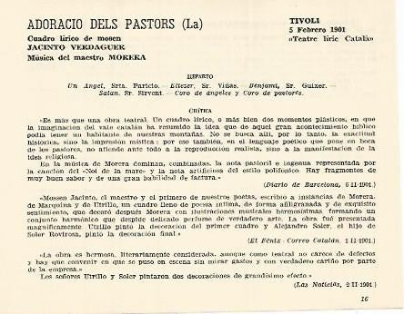 LAMINA 3006: Reparto y critica de La Adoracio dels Pastorets de Verdaguer. Tivoli 5 febrero 1901