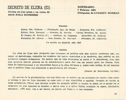 LAMINA 3008: Reparto y critica de  El Secreto de Elena. Novedades 7 febrero 1901