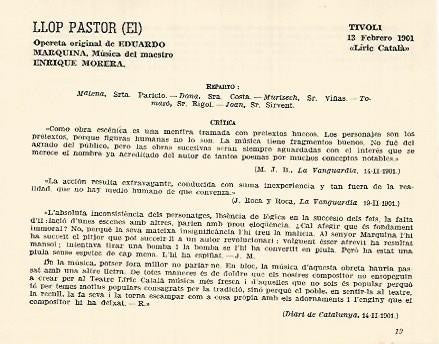 LAMINA 3009: Reparto y critica de El Llop Pastor. Tivoli 13 febrero 1901