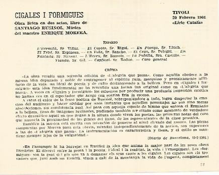 LAMINA 3014: Reparto y critica de Cigales i Formigues de Santiago Rusiñol. Tivoli 20 febrero 1901