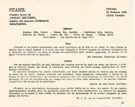 LAMINA 3015: Reparto argumento y critica de Picarol. Tivoli 25 febrero 1901
