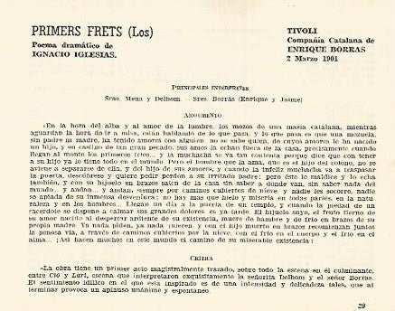 LAMINA 3019: Reparto argumento y critica de Los Primers Fets. Tivoli 2 marzo 1901