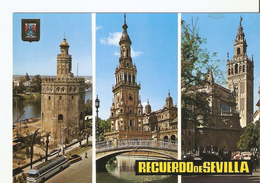 Postal 027972 : Recuerdo de Sevilla, Torre del Oro, Estanque de la Plaza Españam La Giralda