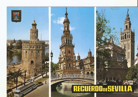 Postal 027972 : Recuerdo de Sevilla, Torre del Oro, Estanque de la Plaza Españam La Giralda