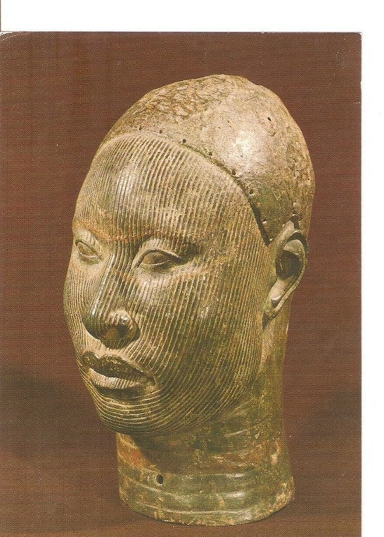 Postal 022138 : IFE. (12th - 15th centuries AD) bronze head of man with scarifications and holes alorn hair-line annd neck