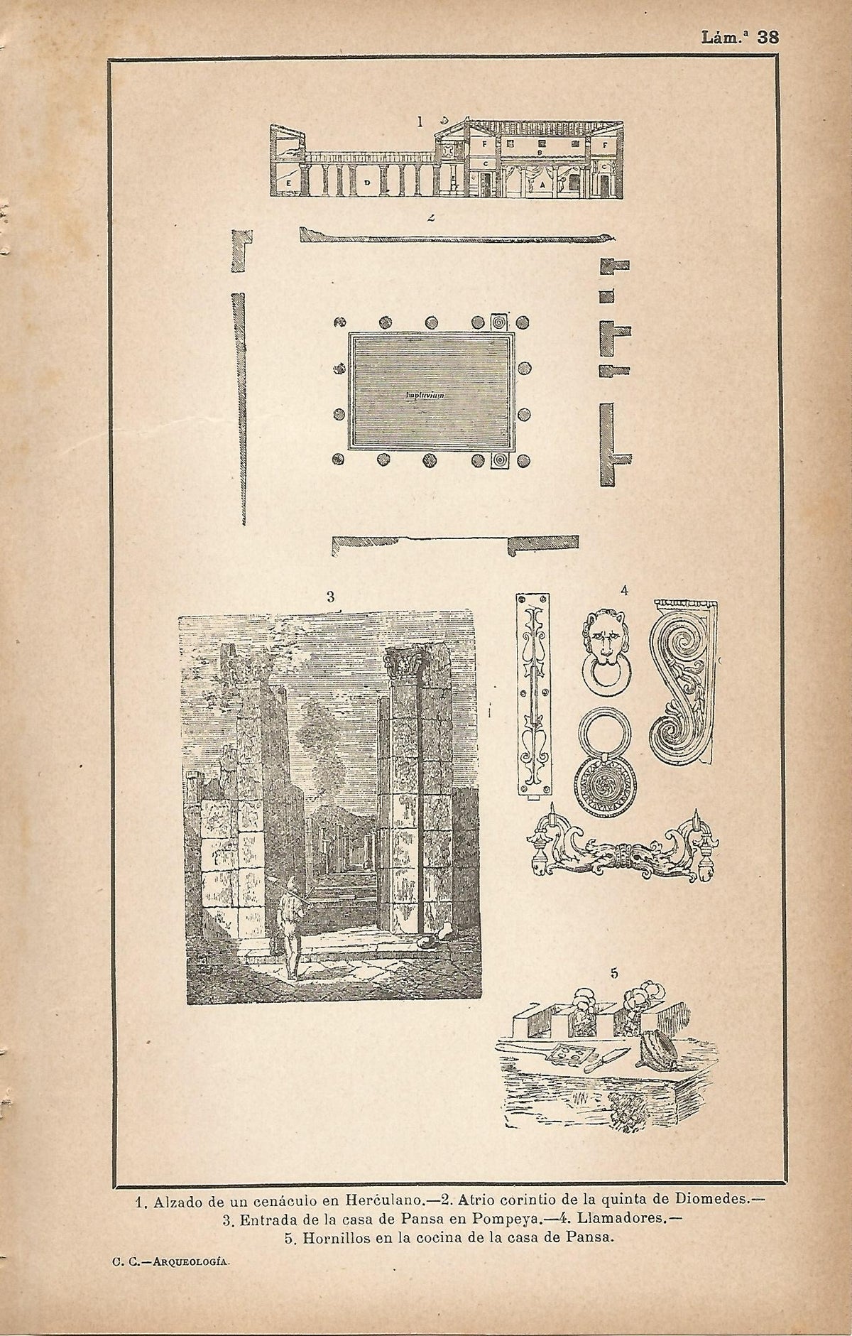 Lamina 038: Alzado del Cenaculo de Herculano - Atrio corintio - Entrada de la casa de Pansa en Pompeya - Llamadores - Hornillos de cocina