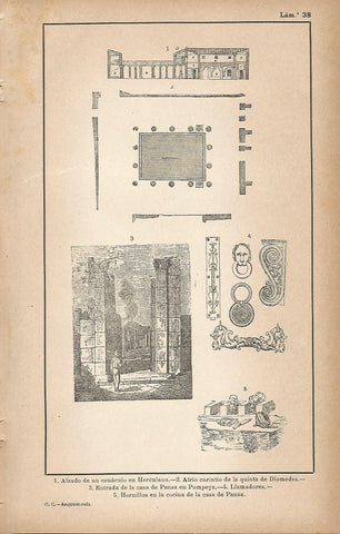 Lamina 038: Alzado del Cenaculo de Herculano - Atrio corintio - Entrada de la casa de Pansa en Pompeya - Llamadores - Hornillos de cocina