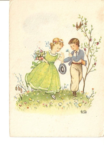 Postal 036390 : Pareja de niños dando un paseo. Dibujo