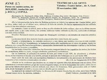 LAMINA 2944: Reparto y criticas de L Avar de Moliere. Teatro de las Artes 23 noviembre 1903