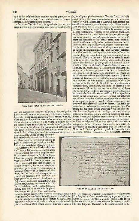 LAMINA ESPASA 4697: Partida de nacimiento y casa donde vivio Valdes Leal