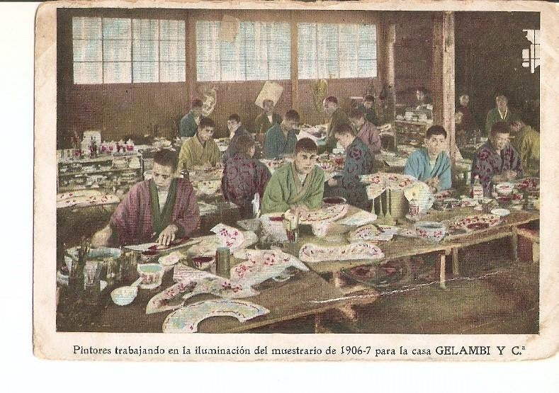 Postal 023120 : Pintores trabajando en la iluminacion del muestrario de 1906-7 para la casa gelambi y C.