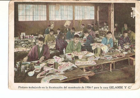 Postal 023120 : Pintores trabajando en la iluminacion del muestrario de 1906-7 para la casa gelambi y C.