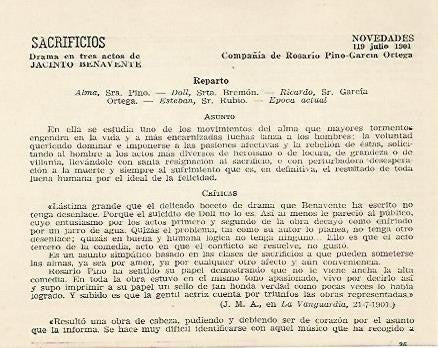 LAMINA 2516: Reparto argumento y criticas de Sacrificios. Novedades  19 julio 1901