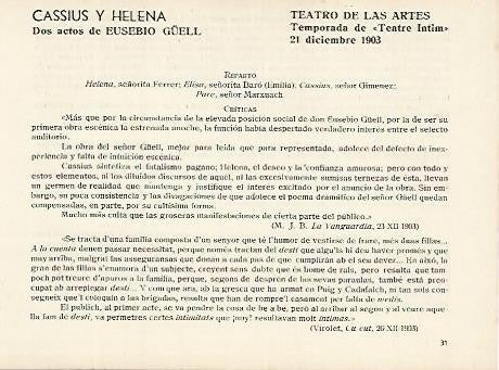 LAMINA 2955: Reparto y criticas de Cassius y Helena. Teatro de las Artes 21 diciembre 1903
