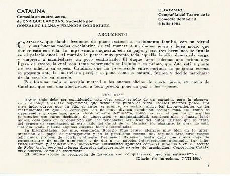 LAMINA 2797: Argumento y criticas de Catalina. El Dorado 6 julio de 1904
