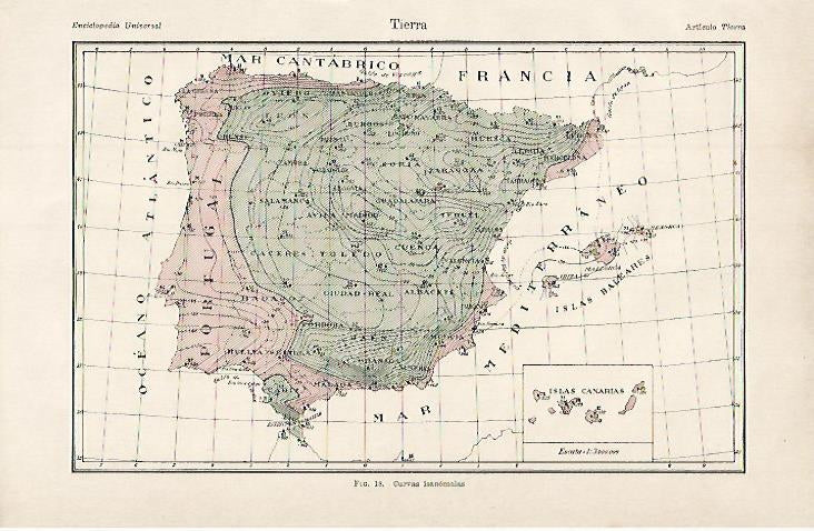 LAMINA ESPASA 8422: Mapa de curvas isanomalas de España