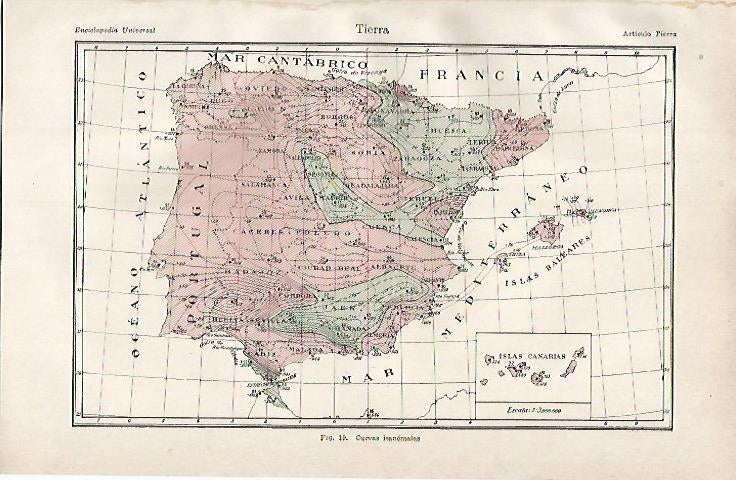 LAMINA ESPASA 8423: Mapa de España de curva isanomalas