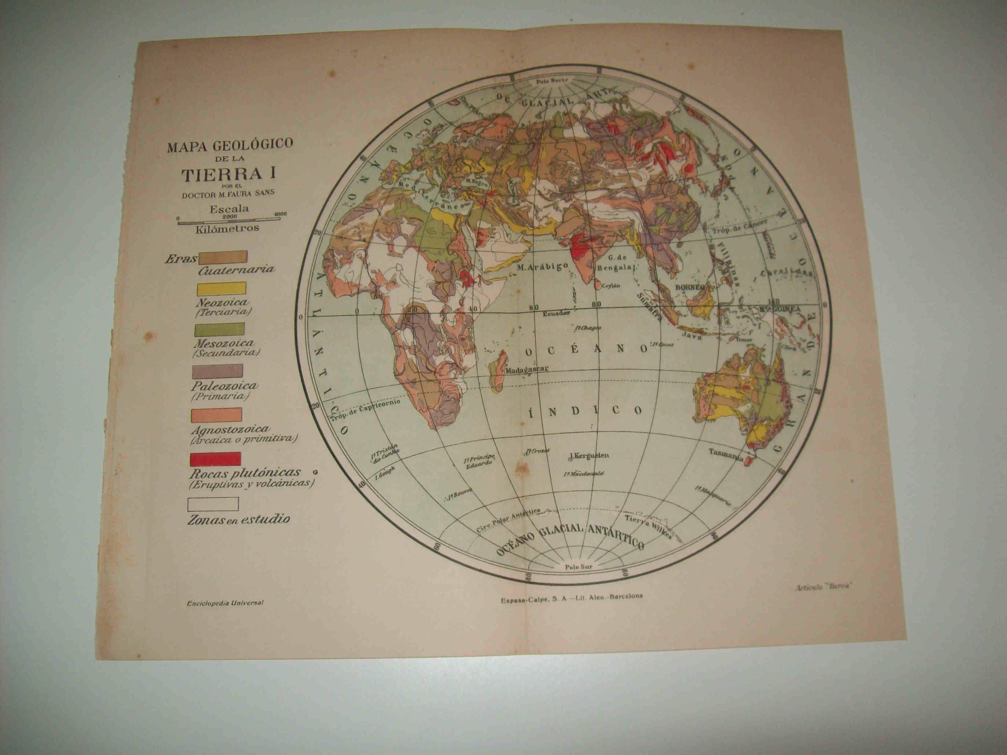 LAMINA ESPASA 8431: Mapa geologico de la Tierra por M. Faura