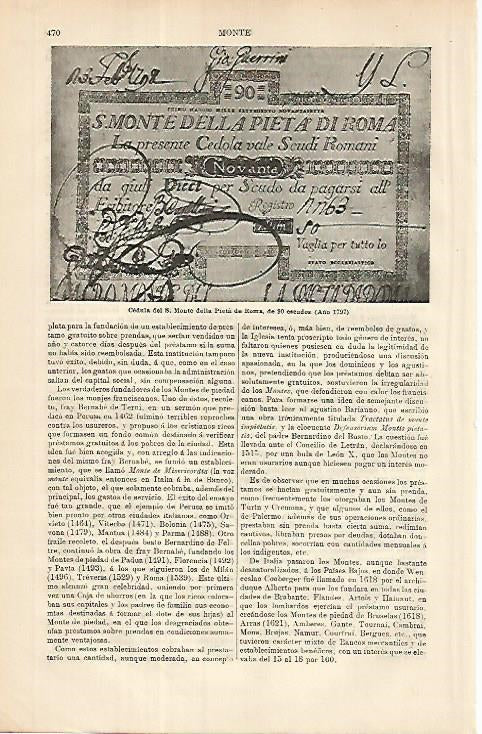 LAMINA ESPASA 8610: Cedula del Monte della Pieta de Roma de 1797
