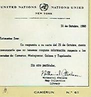 CROMO COLECCION UNIVERSAL 2083: CERTIFICADO ONU DE LA NO EXISTENCIA DE ESCUDO DE CAMERUN. Numero 61