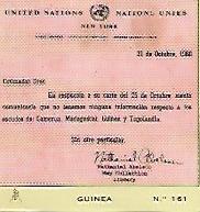 CROMO COLECCION UNIVERSAL 2118: CERTIFICADO ONU DE NO EXISTENCIA DE ESCUDO DE GUINEA. Numero 161