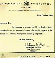 CROMO COLECCION UNIVERSAL 2192: CERTIFICADO ONU DE NO EXISTENCIA DE ESCUDO DE TOGOLANDIA. Numero 349