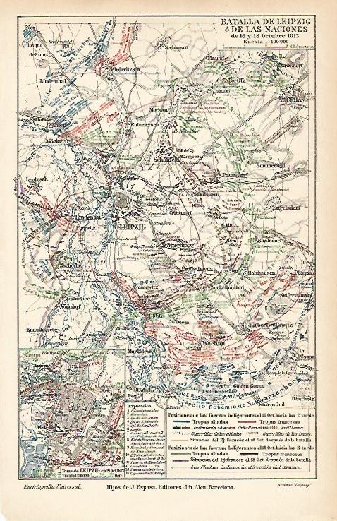 LAMINA ESPASA 9131: Mapa de la Batalla de Leipzig (1813)