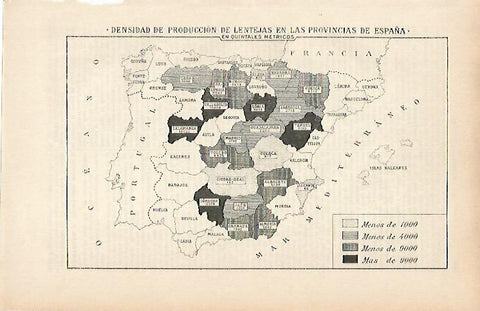 LAMINA ESPASA 9151: Mapa de España de produccion de lentejas