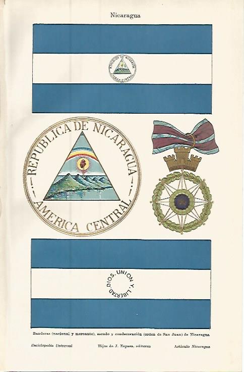 LAMINA ESPASA 9439: Banderas escudo y condecoracion de Nicaragua