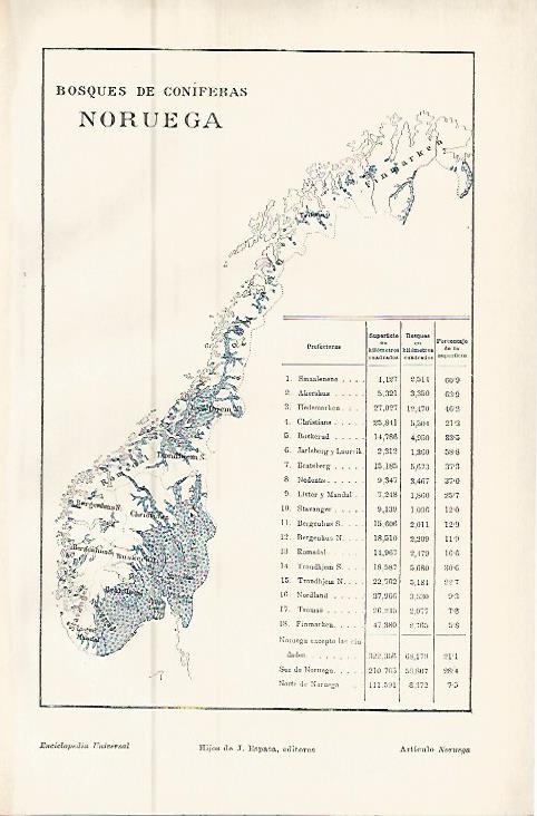 LAMINA ESPASA 9562: Mapa de Noruega de bosques de coniferas