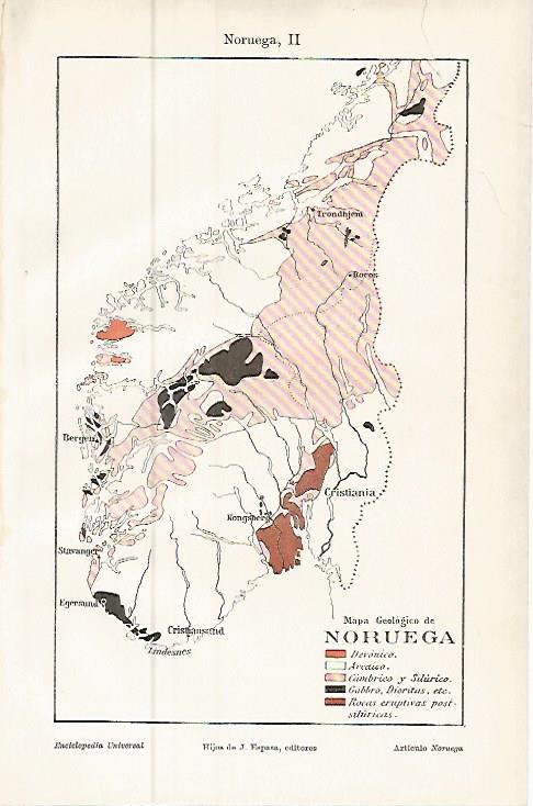 LAMINA ESPASA 9564: Mapa de Noruega con periodos geologicos