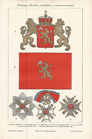LAMINA ESPASA 9572: Escudo estandarte y condecoraciones de Noruega