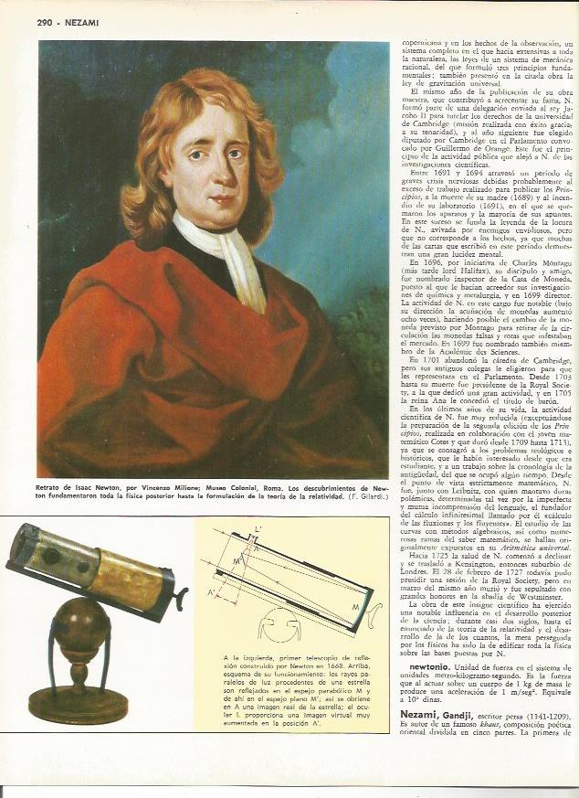 LAMINA MONITOR 0123: RETRATO DE ISAAC NEWTON POR MILIONE. TELESCOPIO HECHO POR NEWTON