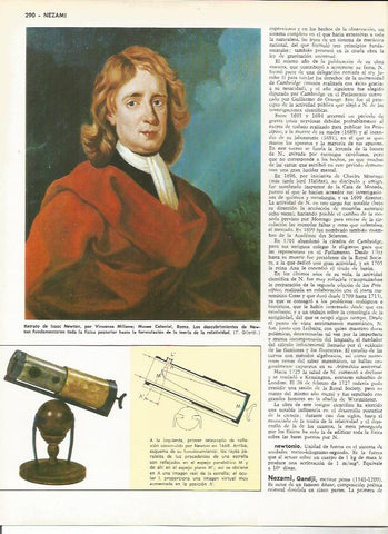 LAMINA MONITOR 0123: RETRATO DE ISAAC NEWTON POR MILIONE. TELESCOPIO HECHO POR NEWTON