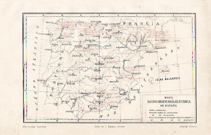 LAMINA ESPASA 10113: Mapa de Saltos de Energia Electrica de España