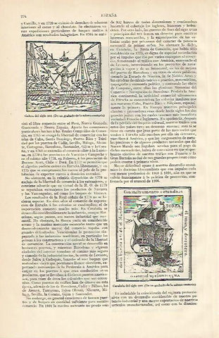 LAMINA ESPASA 10125: Grabados con galera y carabela